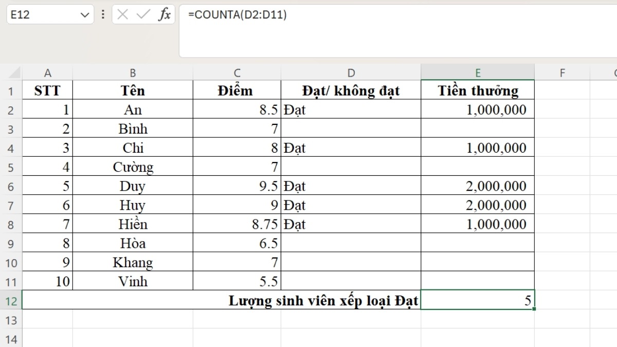 Cách dùng hàm thống kê trong Excel - Hàm COUNTA