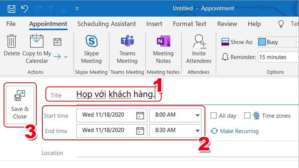 Cách sử dụng Outlook Tạo cuộc họp, đặt lời nhắc bước 3
