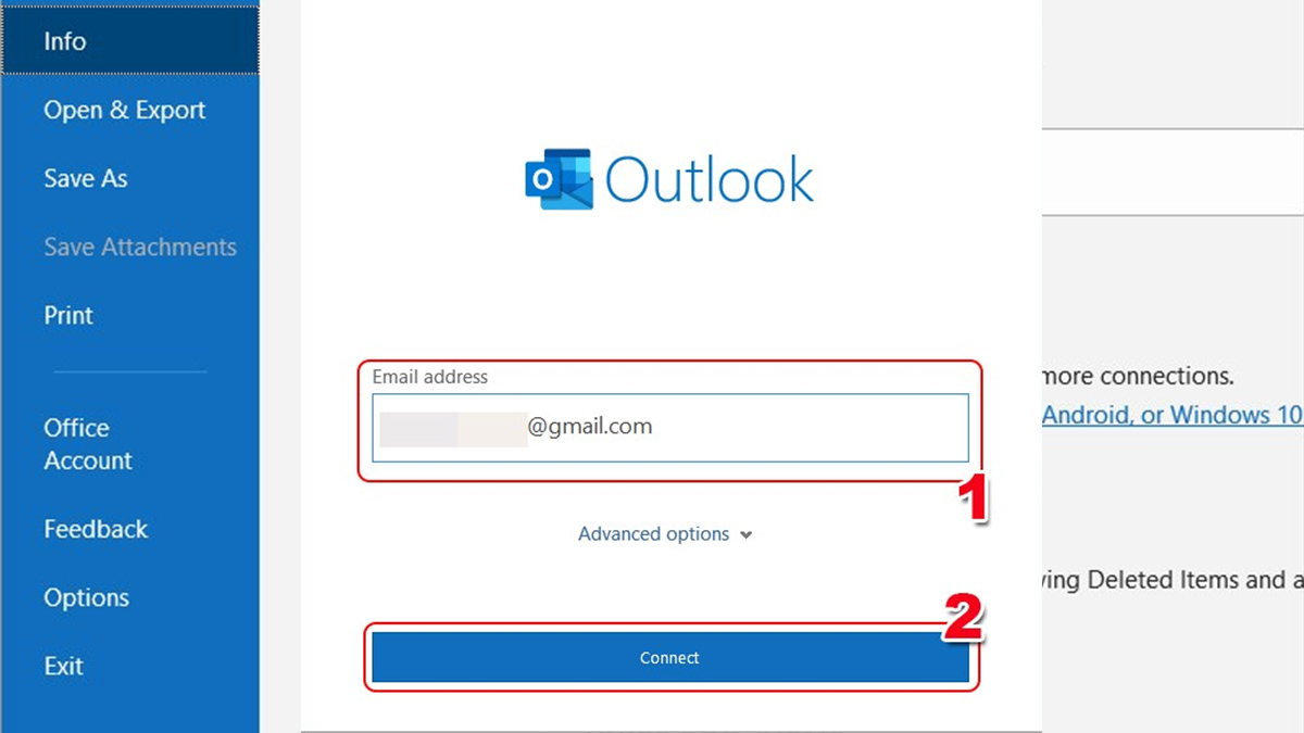 Cách sử dụng Outlook thêm tài khoản bước 2