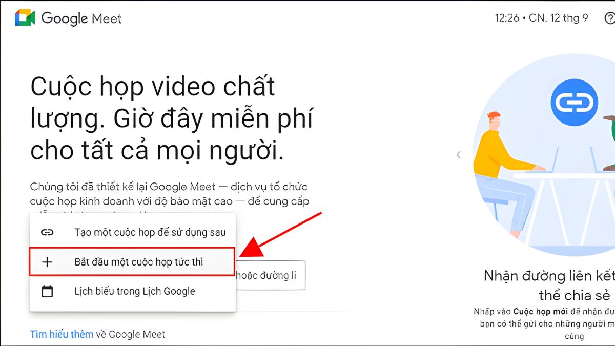 Cách tạo link Google Meet trên máy tính bước 3