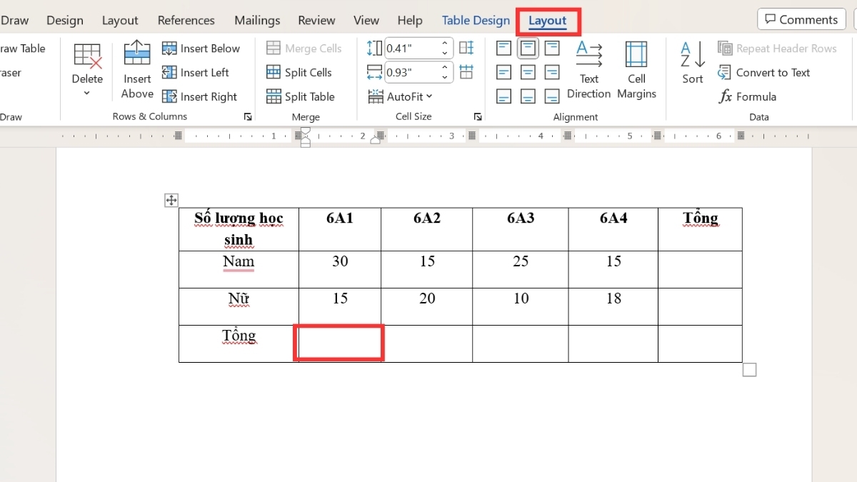 Cách tính tổng cột dọc trong Word bước 1