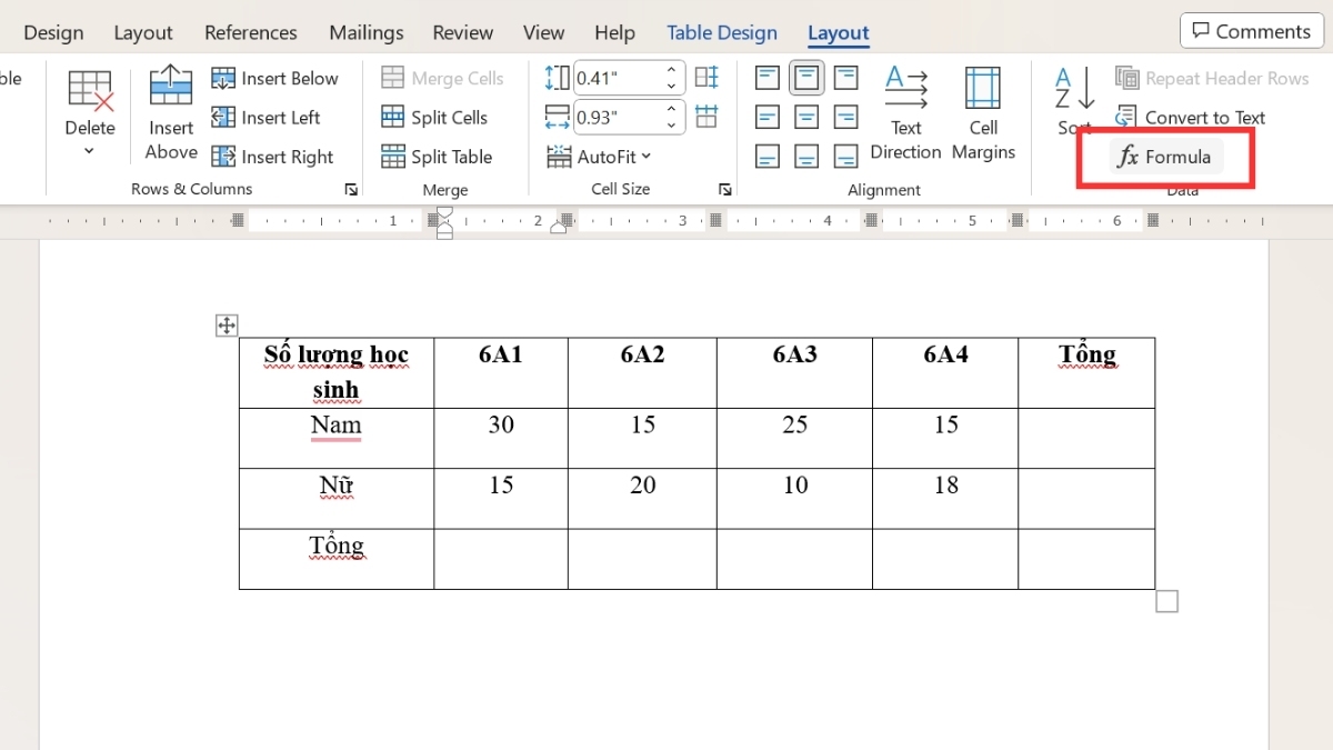 Cách tính tổng cột dọc trong Word bước 2