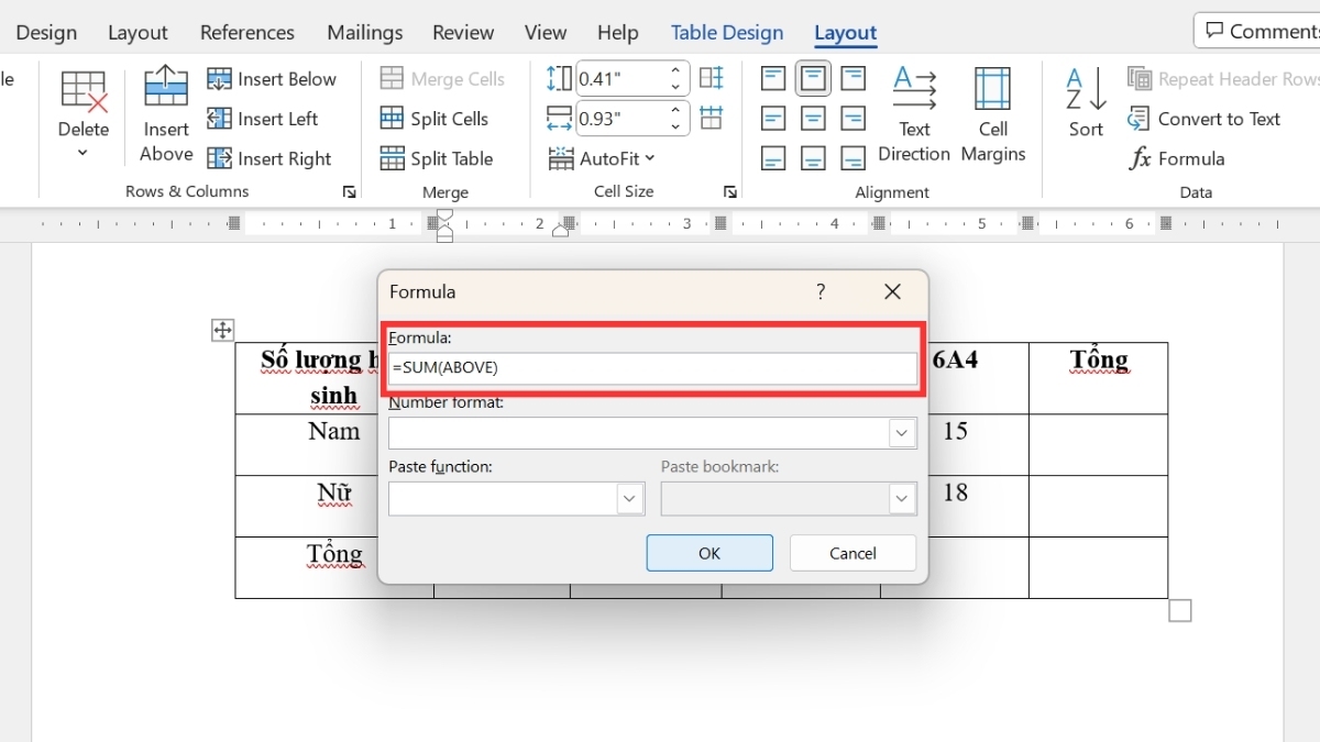Cách tính tổng cột dọc trong Word bước 3