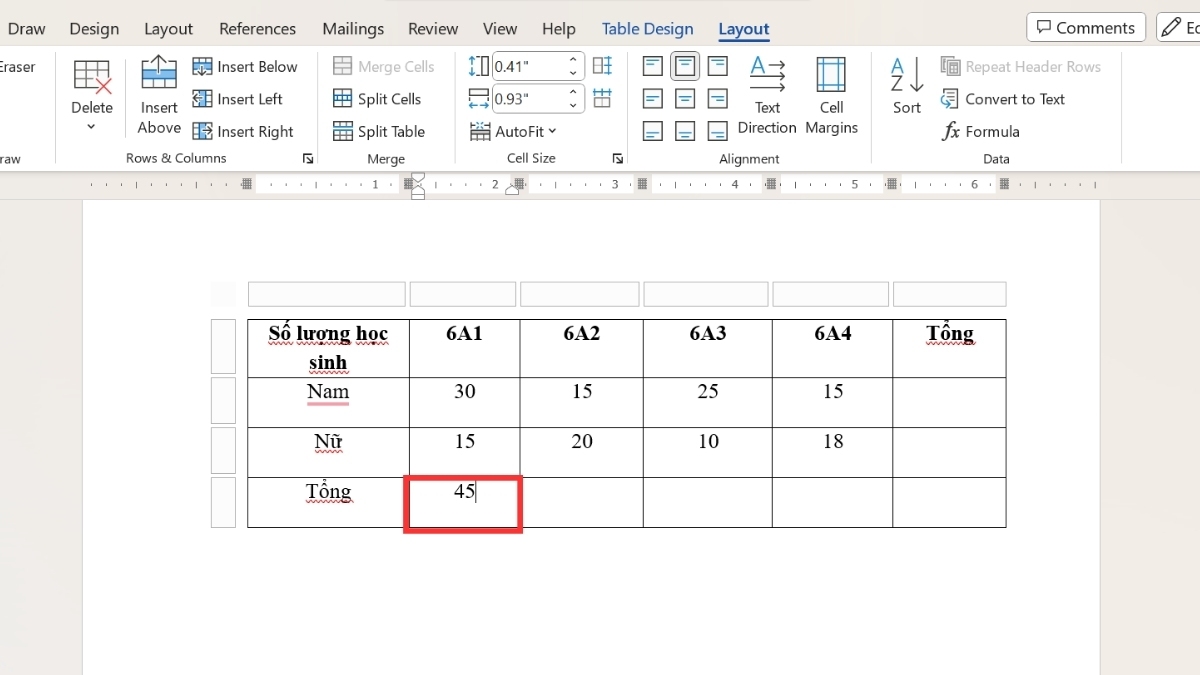 Cách tính tổng cột dọc trong Word bước 4