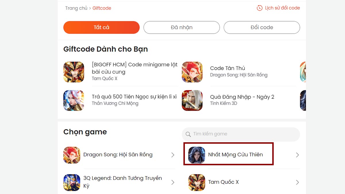 Hướng dẫn cách nhập code Nhất Mộng Cửu Thiên bước 2