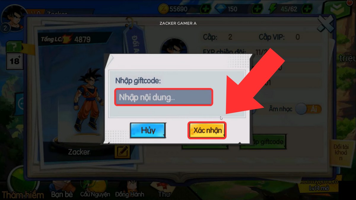 Cách nhập code Siêu Rồng Thần Huyền Thoại bước 4