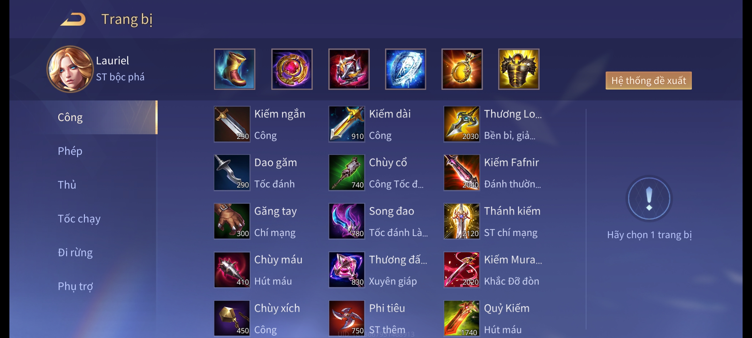 Trang bị semi thủ cho Lauriel