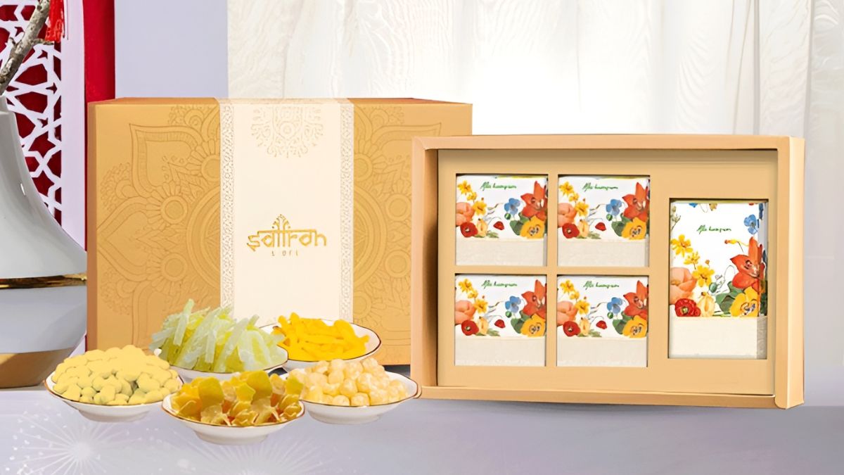 Hộp quà Tết 5 vị mứt Saffron - top set quà tết giá rẻ sang trọng dành cho khách hàng