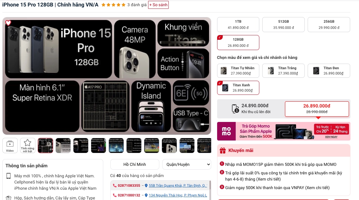 Giá iPhone 15 Pro giảm sâu