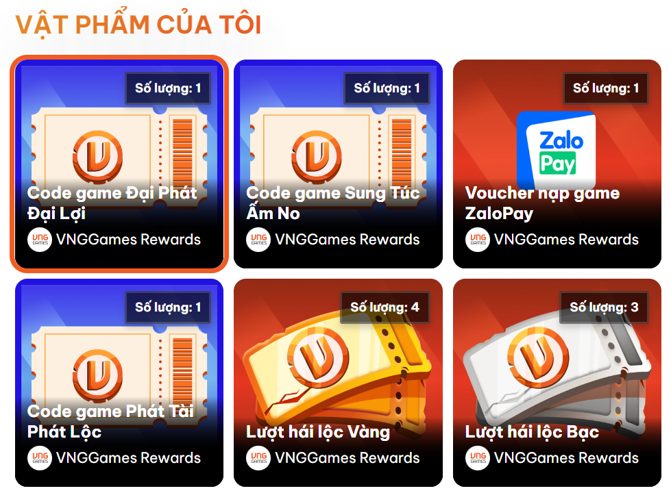Game thủ có thể kiểm tra lượt hái và quà tặng từ Túi Đồ VNGGames Rewards.