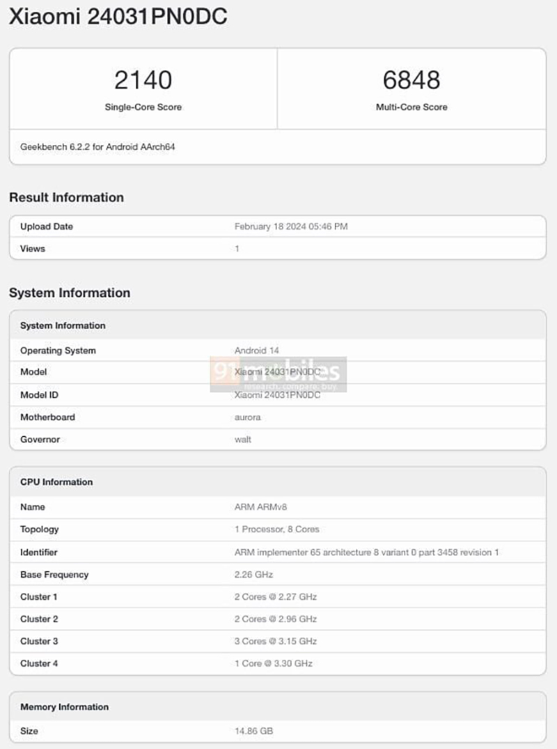 Xiaomi Civi 4 xuất hiện trên Geekbench