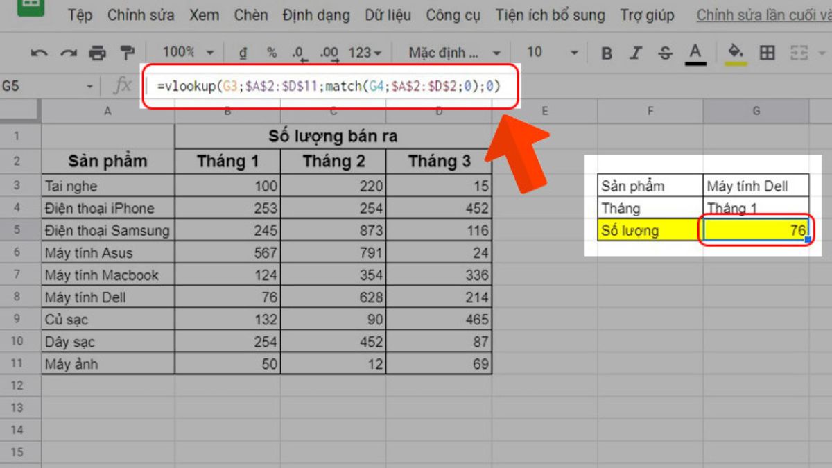 Cách sử dụng hàm VLOOKUP kết hợp hàm MATCH