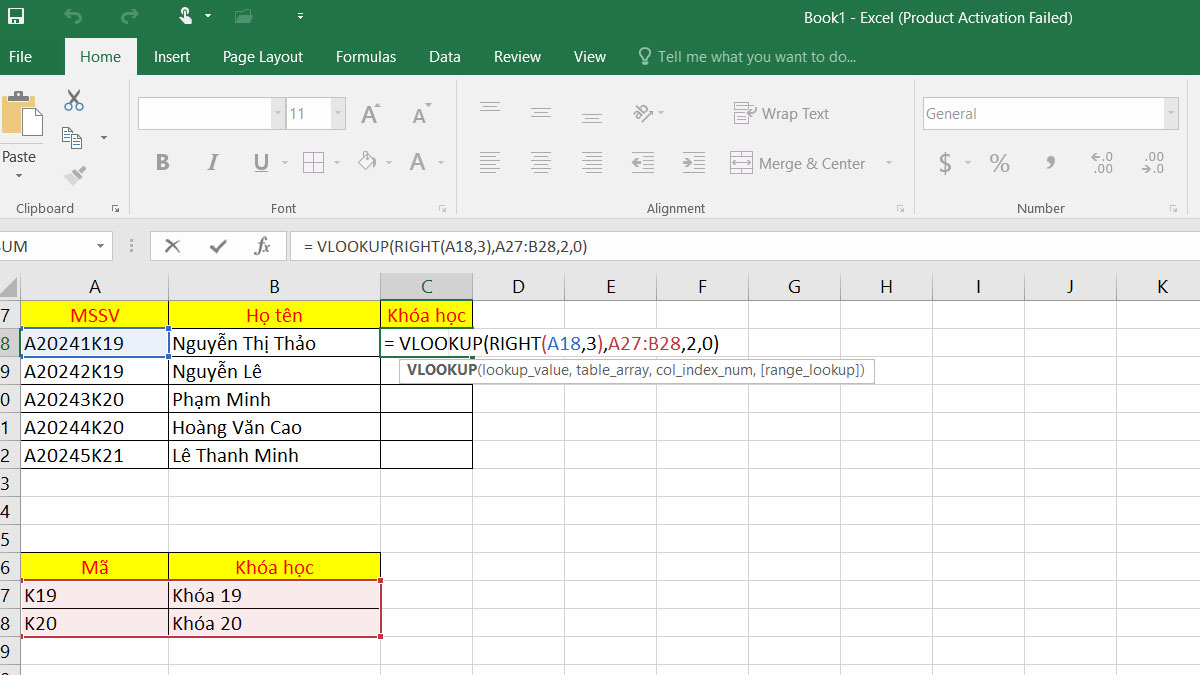 Cách sử dụng hàm VLOOKUP kết hợp hàm RIGHT bước 3