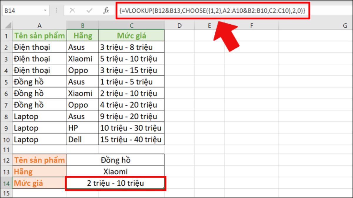 Cách sử dụng hàm vlookup nhiều điều kiện