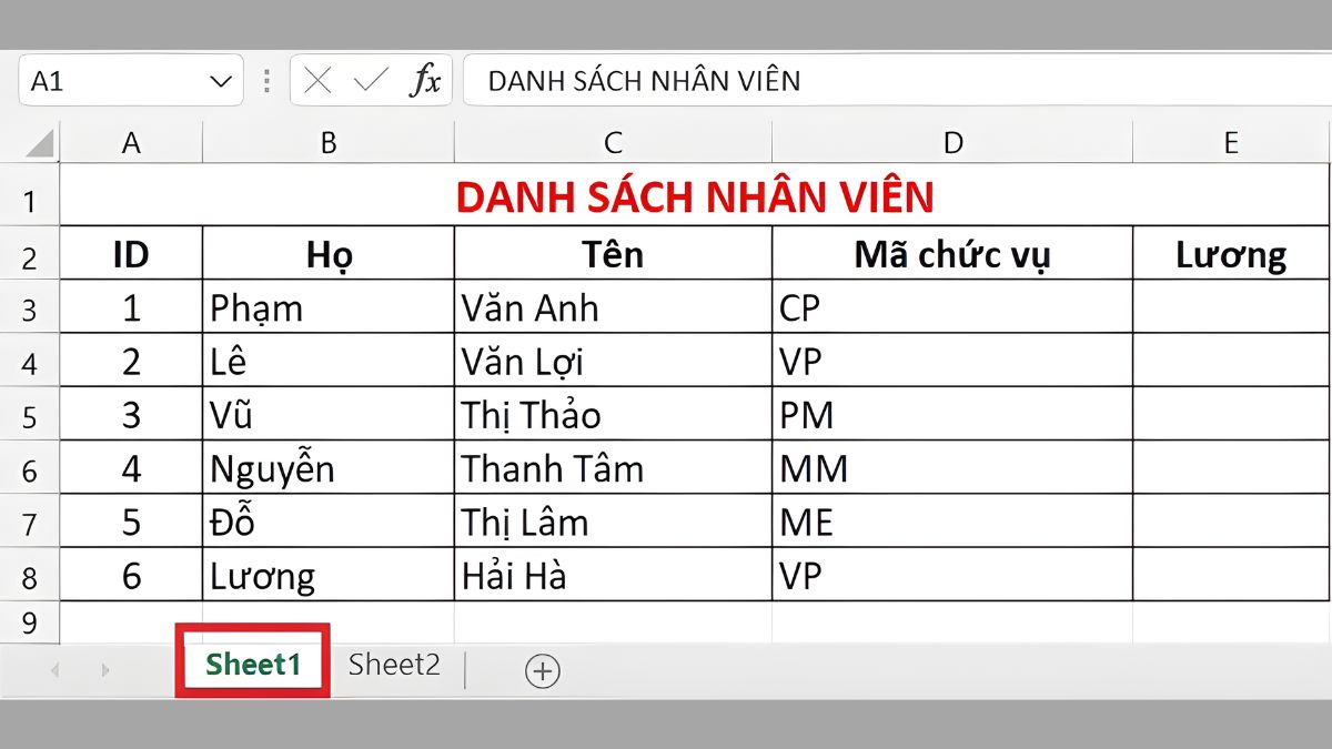 Sheet 1: Bảng danh sách nhân viên