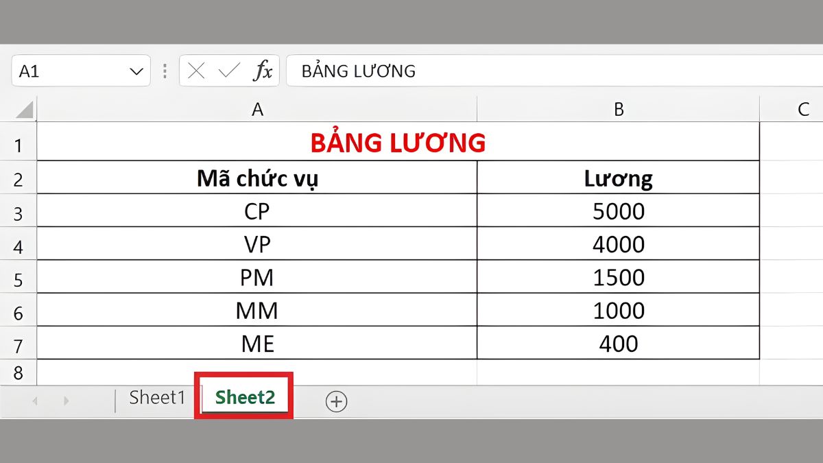 Sheet 2: Mã chức vụ và lương tương ứng