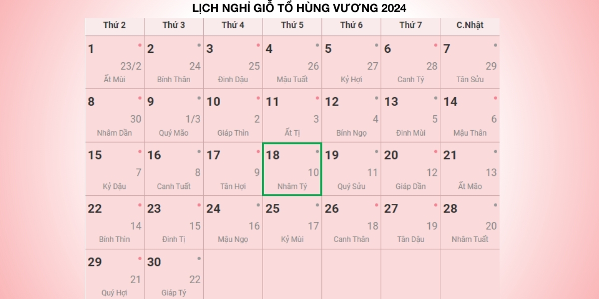 lịch nghỉ giỗ tổ hùng vương 2024