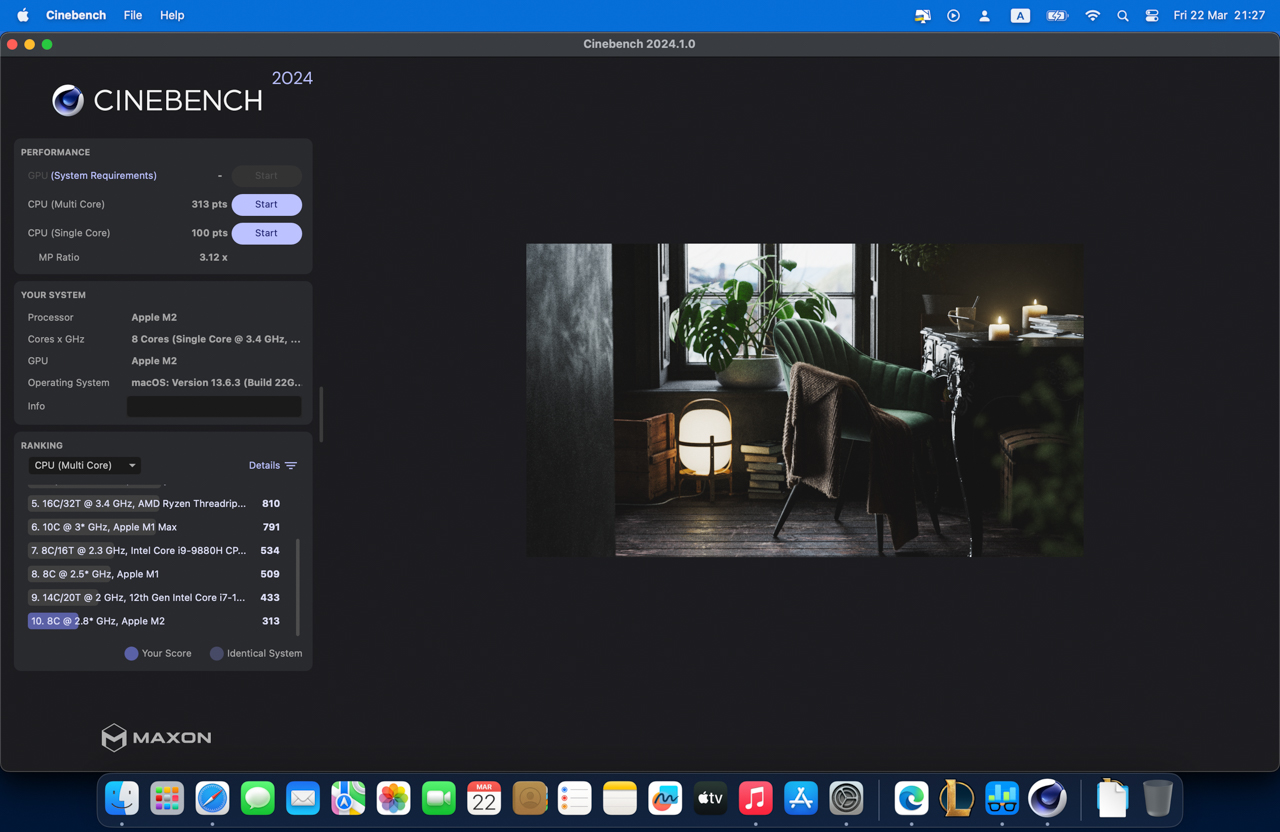 Macbook Air M2 sau khi test bằng ứng dụng Cinebench R23