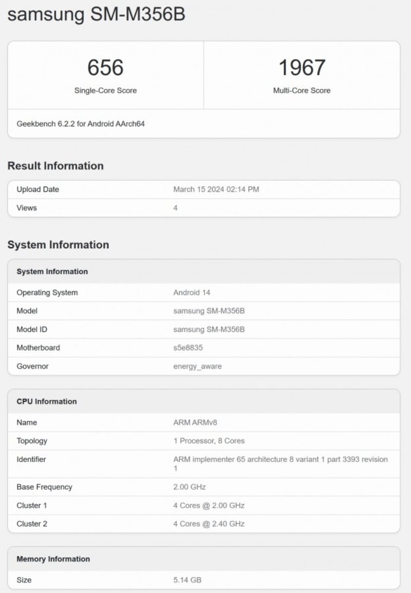 Galaxy M35 5G lộ hiệu năng trên Geekbench