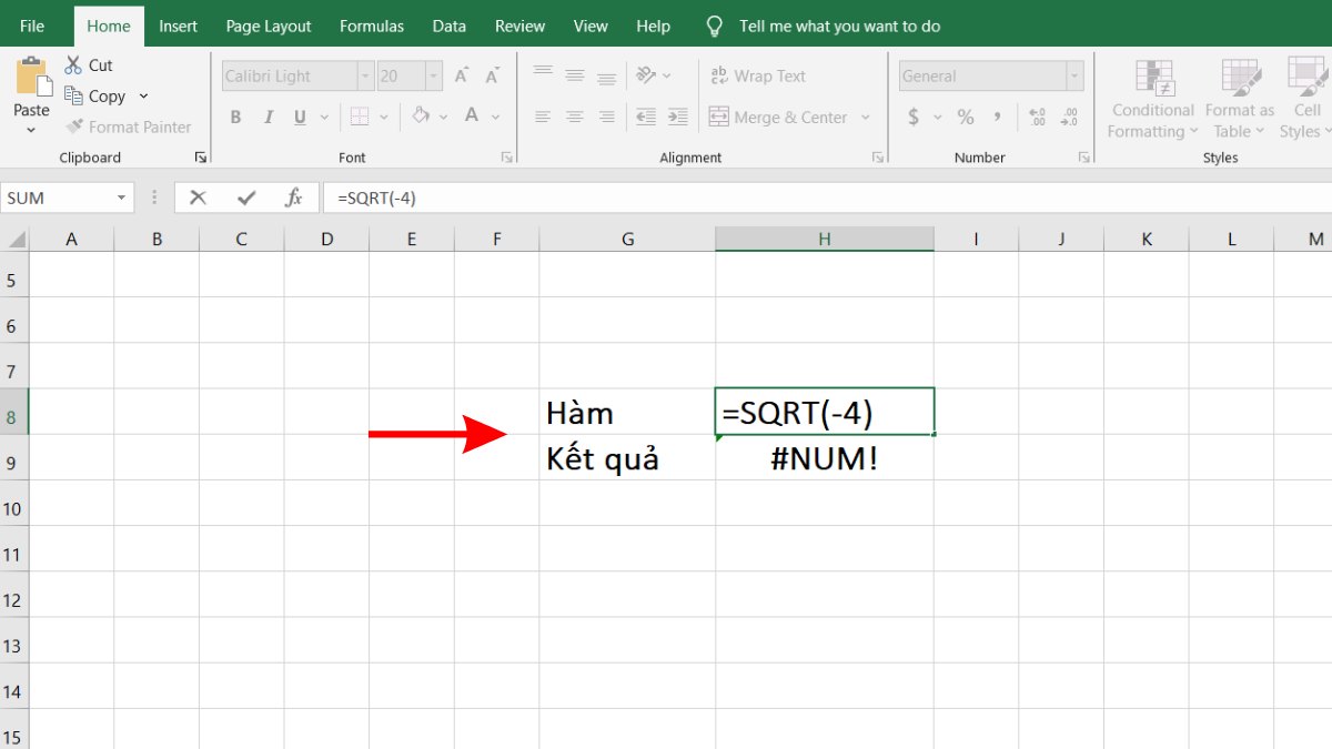 Hàm SQRT của số âm thường gây ra lỗi NUM