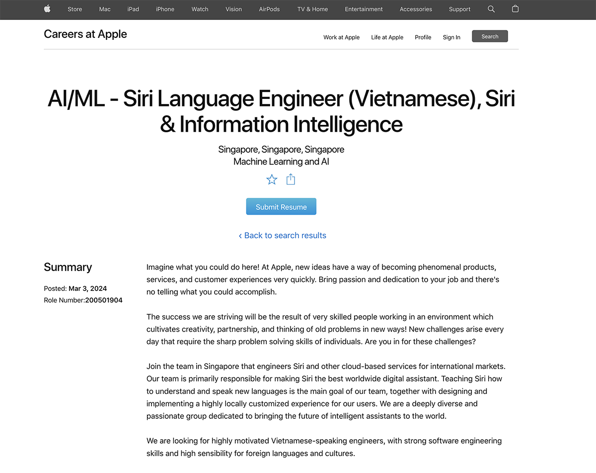 Apple tuyển dụng kỹ sư tiếng Việt cho Siri