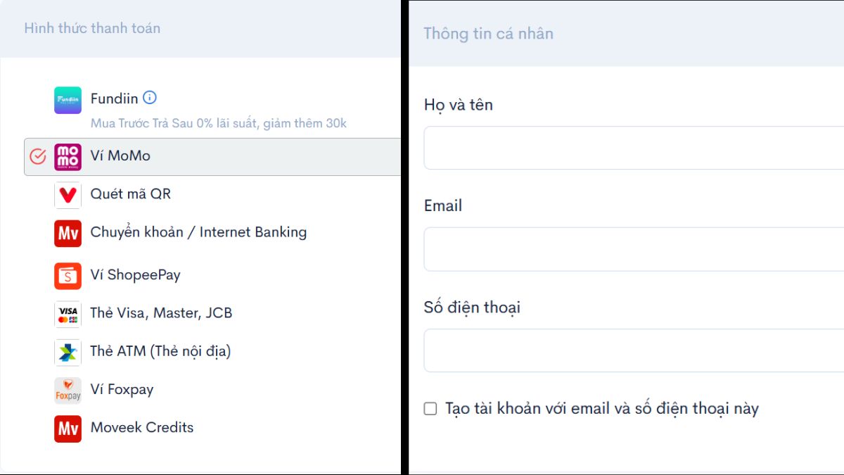 Chọn phương thức thanh toán
