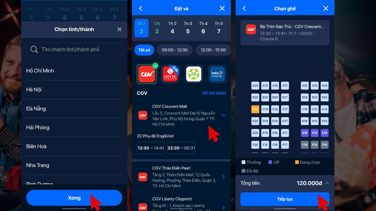 Chọn rạp và chọn ghế