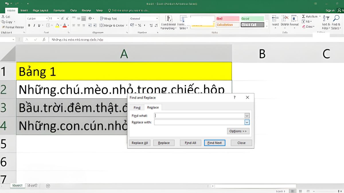 Cách bỏ dấu chấm trong Excel bằng công cụ Find & Replace bước 2