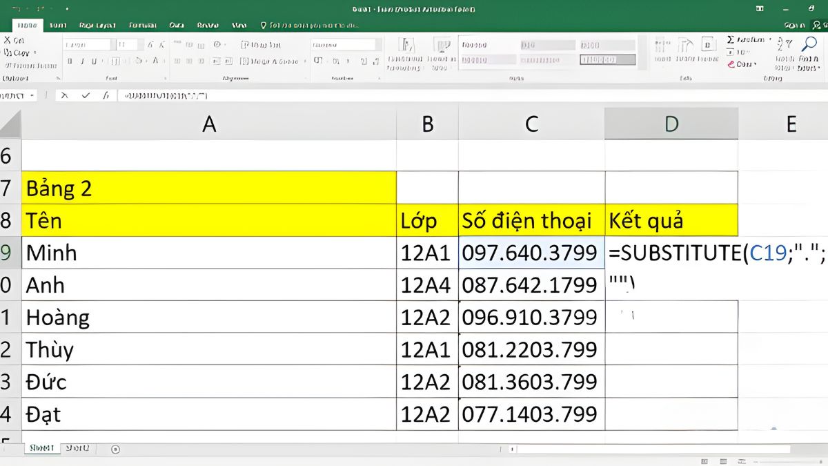 Bỏ dấu trong Excel bằng hàm SUBSTITUTE bước 1