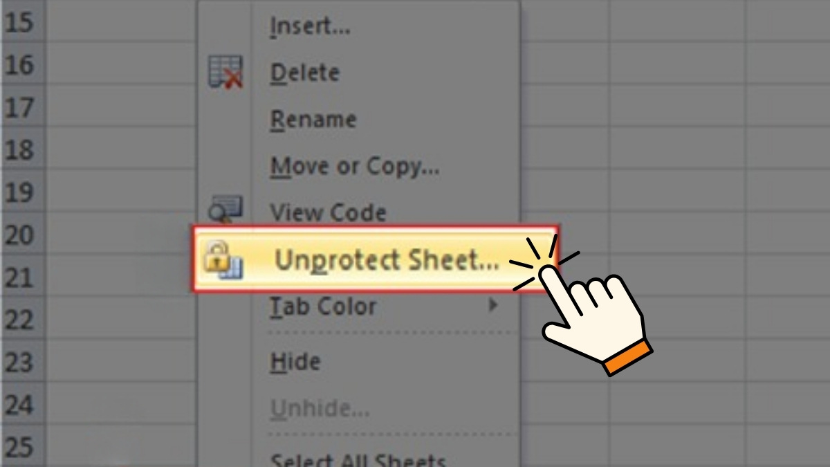 Chọn Unprotect Sheet