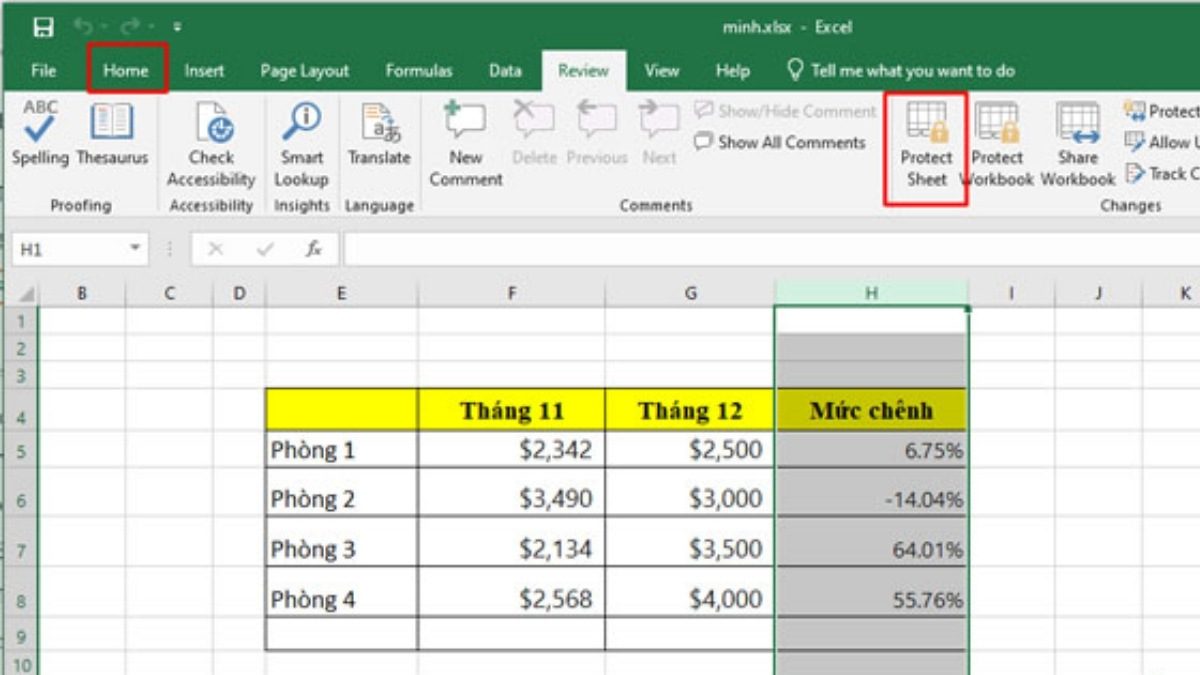 Bấm chọn Protect Sheet trong tab Review