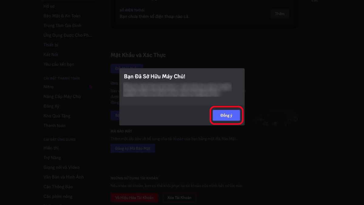 Cần phải nhập mật khẩu khi xóa tài khoản Discord
