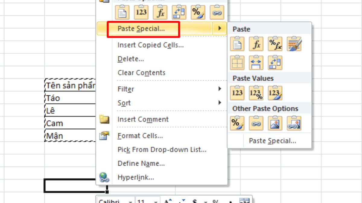 Mở mục Paste Special