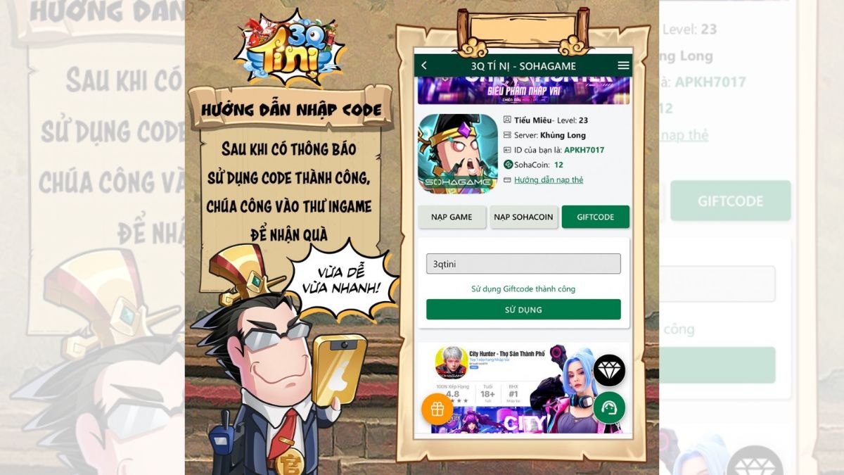 Hướng dẫn cách nhập code 3Q Tí Nịbước 4