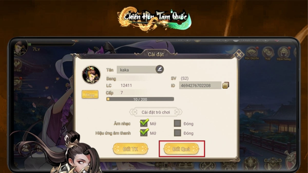 Hướng dẫn cách nhập code chiến hồn tam quốc mới nhất bước 2