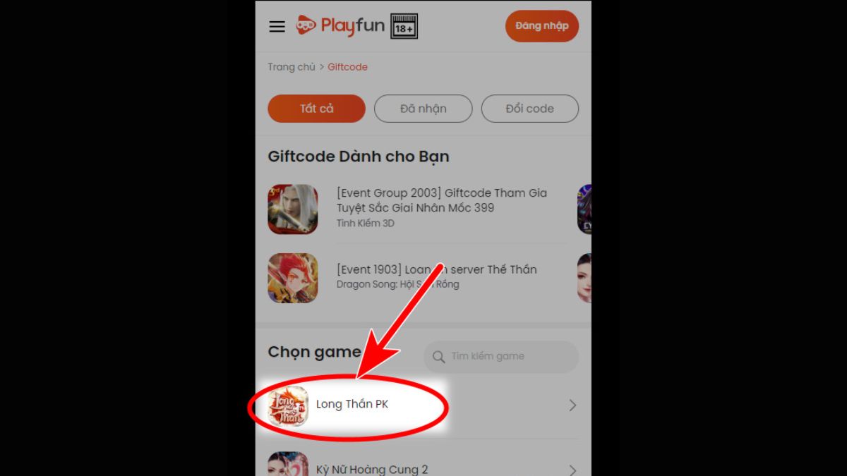 Cách nhập Code Long Thần PK bước 1