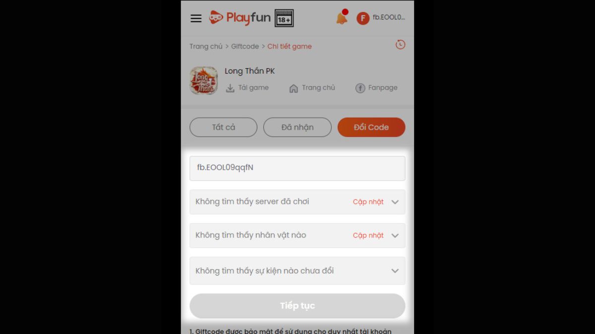 Cách nhập Code Long Thần PK bước 4