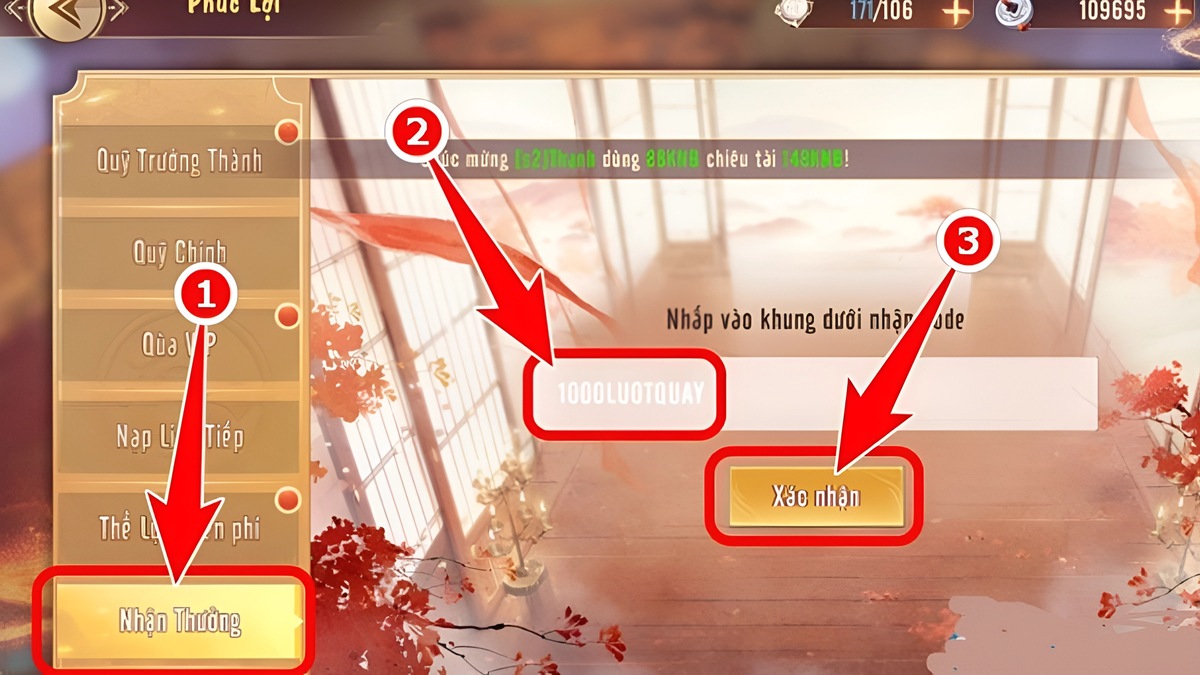 Hướng dẫn cách nhập code Mãnh Tướng Xuất Chiến bước 2