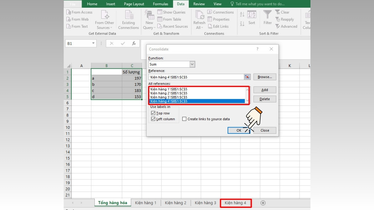 Thêm dữ liệu ở sheet mới trong Excel