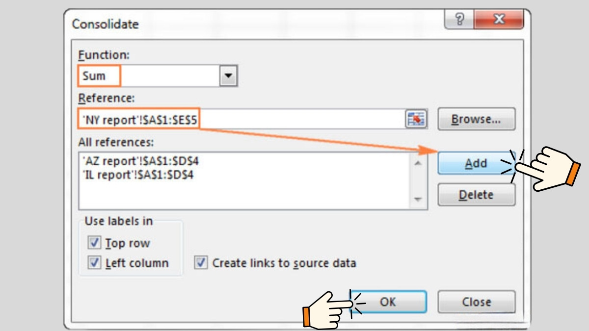 Dùng CONSOLIDATE trong Excel hợp nhất nhiều bảng tính bước 2