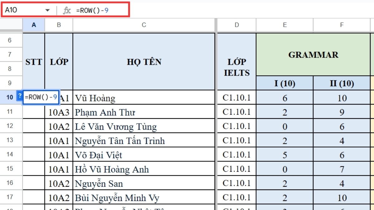 Điền hàm row để đánh số thứ tự trong google sheet