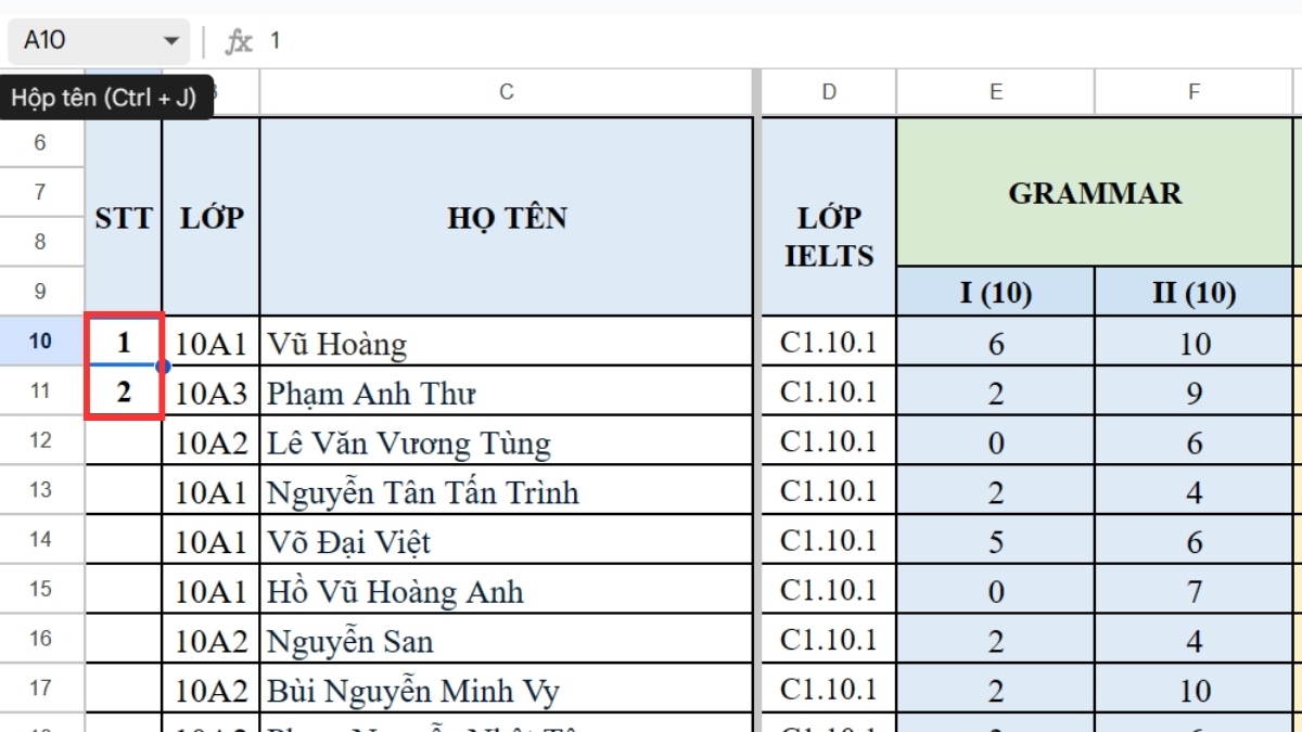 Điền số 1 và 2 