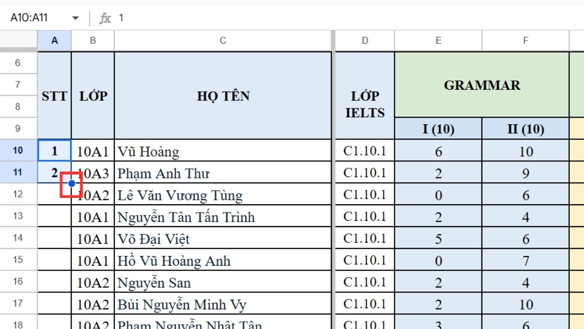 Kéo thả tới ô cuối 