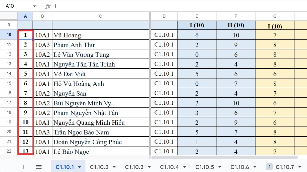 Kết quả khi đánh số thứ tự trong Google Sheet đúng