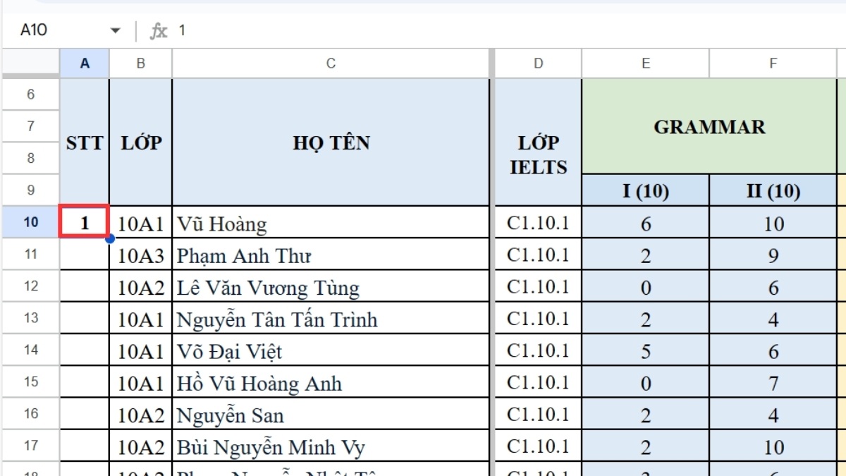 Điền số 1 ở ô đầu dãy 