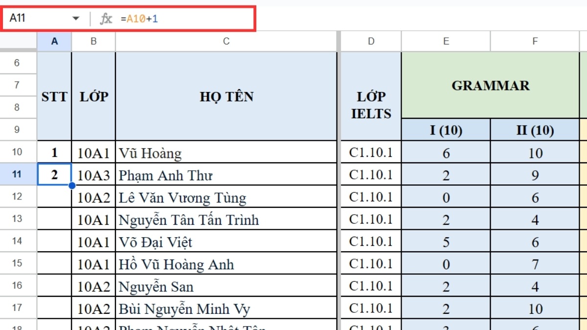 Nhập =A10+1 