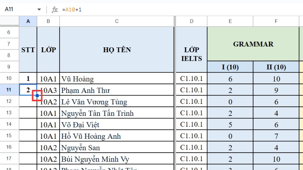 Kéo thả chuột tới ô cuối dãy