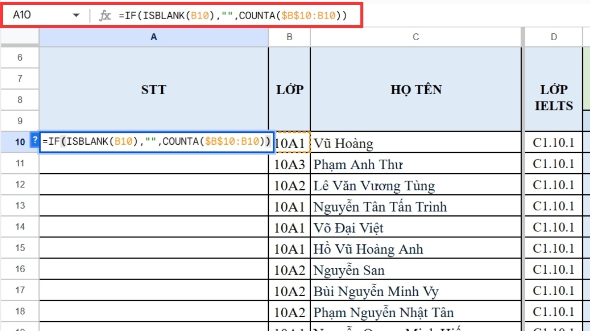 Nhập hàm counta kết hợp hàm isblank để đánh số thứ tự trong google sheet