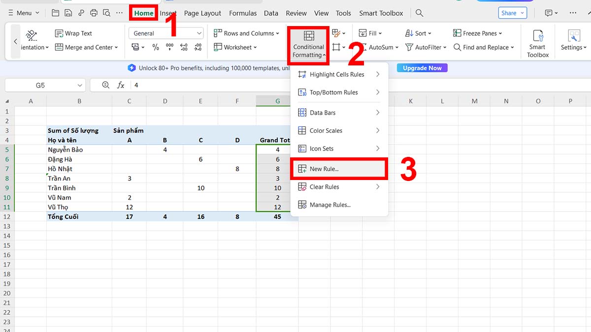 Nhấn chọn Conditional Formatting, sau đó chọn New Rule