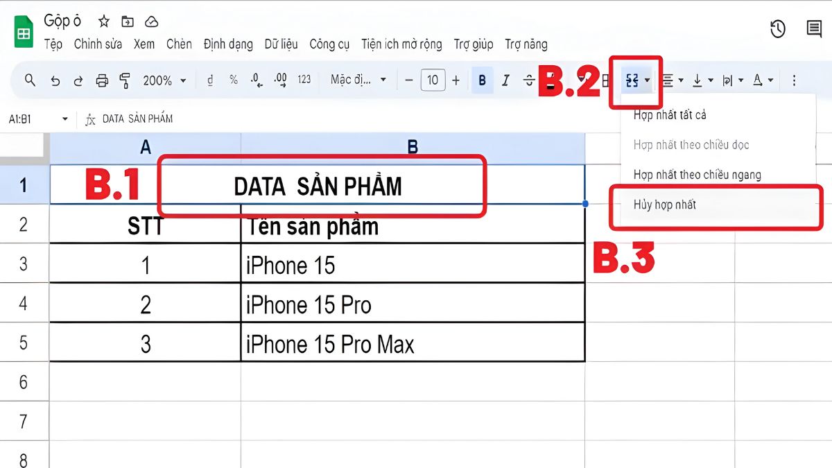 Chọn vùng dữ liệu muốn hủy tính năng gộp ô